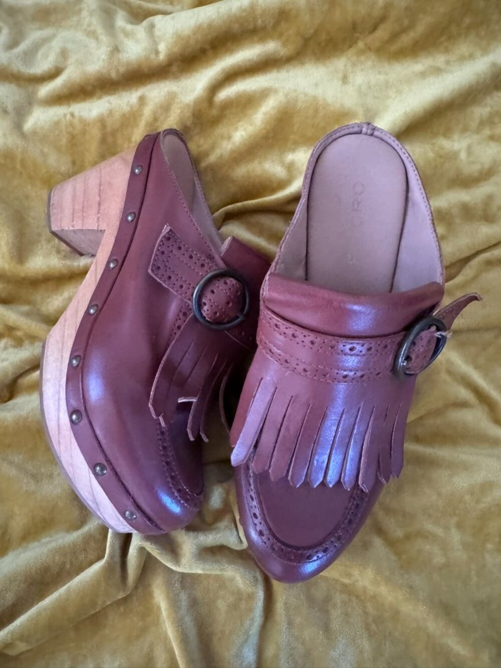Pilcro cognac leather tassled heeled mules, women's size 7 (38)